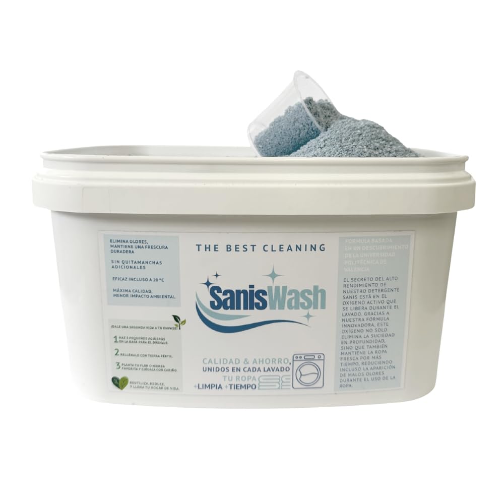 SanisWash, Detergente en Polvo con Oxígeno Activo, Detergente para Lavadora, Eficaz Incluso a 20º, Elimina el Olor en la Ropa Deportiva, Ropa Limpia y Fresca, 165 Lavados, 5Kg