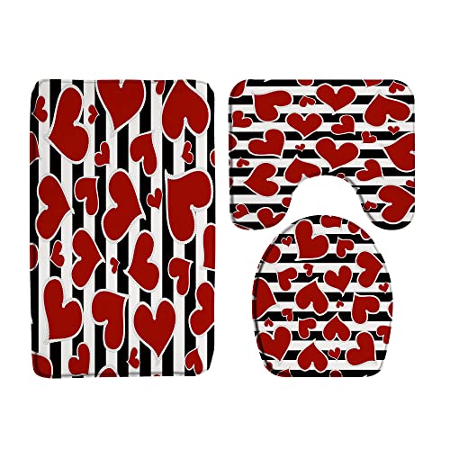 FGYGYK Valentine's Day 3 Pcs Bath Rugs Set,Red Heart Modern Black White Stripes Sweet Love Romantic Couple Lover Bathroom Kitchen Rug with 16