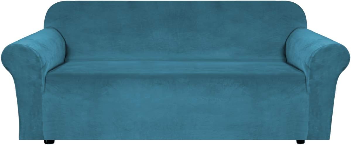 H.VERSAILTEX Stretch Velvet Sofa Covers for 3 Cushion Couch Covers Sofa Slipcovers Furniture Protector Soft with Non Slip Elastic Bottom, Crafted from Comfy Rich Velour (Sofa 72'-90', Peacock Blue) Peacock Blue Sofa