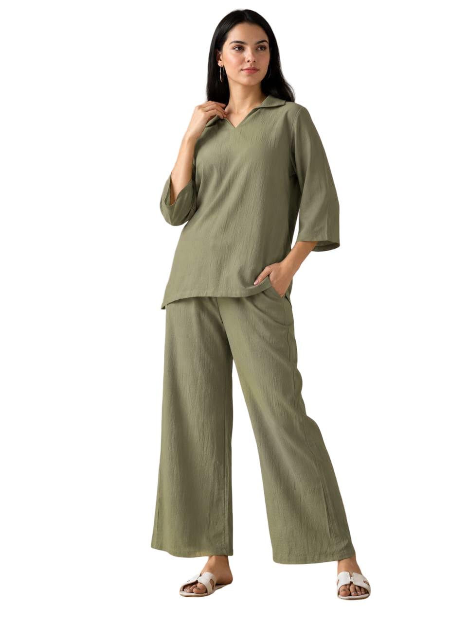Women's Polyester Cruss Co-Ord Set with Collar Neck Top & Wide Leg Palazzo Pants | 3/4 Sleeve Casual Lounge Wear Co-Ord Set with Pockets | Solid Olive Green Two Piece Outfit-image-3