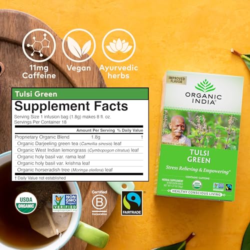 Image of ORGANIC INDIA Tulsi Green Tea Bags - Holy Basil Tea, African Basil, Stress Relieving, Immune Support, USDA Certified Organic, Premium Darjeeling Green Tea, Caffeinated - 18 Infusion Bags, 1 Pack