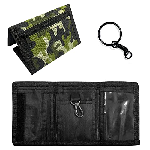 Cartera universal de una pieza, con llavero negro, cartera acolchada de tela Oxford, cartera plegable con cremallera para hombres y mujeres (camuflaje verde militar), Verde militar, Militar