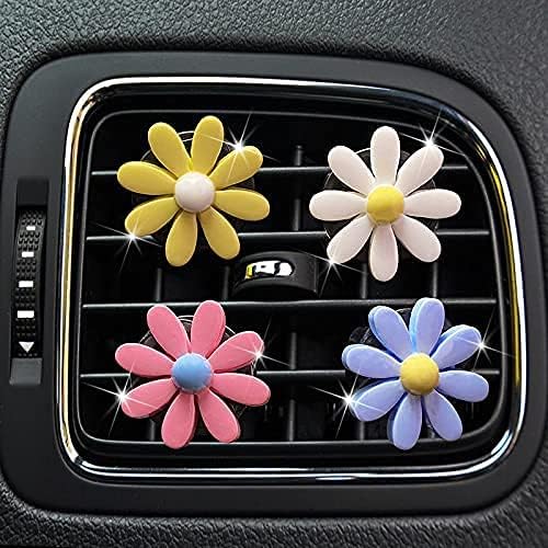 4Pcs Cute Daisies Air Vent Clip, Flowers Car Air Fresheners Vent Clips Charm Air Vent Accessories Cute Car Decor Automotive Interior Trim Car Decorations for Girls & Women