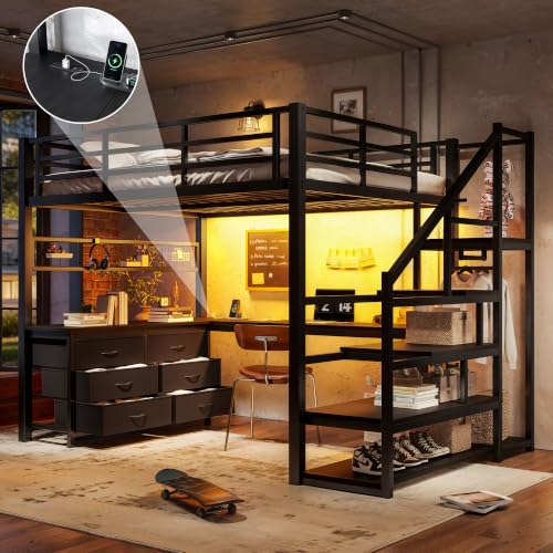 Image of Bellemave Full loft Bed with Storage Stairs, Wardrobe, Shelves, Metal Full Loft Bed Frame for Adults, Kids, Teens, Black