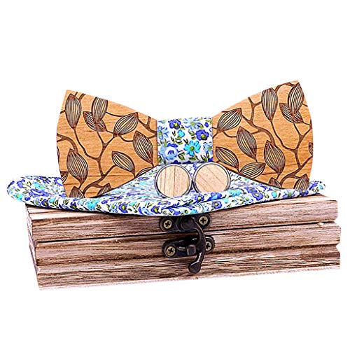 H.eternal(TM) Manual Wooden Bow Tie Handkerchief Set Men's Bowtie Wood Hollow Carved and Box White