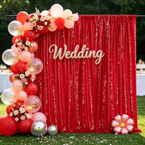 Image of 10FTx10FT Red Sequin Backdrop Curtain Photo Photography Party Decorations | Twilight Sparkle Glitter Fabric for /Wedding /Baby Shower /Happy Birthday /Christmas /New Years /Bachelorette /Theme Party