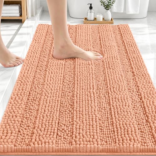 Image of OLANLY Thick Bathroom Rugs 30x20, Extra Soft Absorbent Chenille Striped Bath Rugs, Rubber Backing, Machine Wash Dry, Bath Mats for Bathroom Floor, Tub and Shower, Home Decor Accessories, Peach