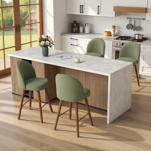 Image of Modern Swivel Bar Stools Set of 4, Chic Upholstered Counter Height(26IN) Bar Chair with Back, Solid Wood Legs and Footrest, Comfortable Chenille Bar Stool for Kitchen Island, Soft Green
