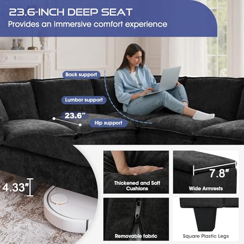 Image of 97 inch L Shaped Couch Corner Sofa, 5 Seater Oversized Cloud Couch with 2 Pillows Chenille Modular Sectional Sofa Armrests with Two Hidden Storage Space Sectional Couches for Living Room Black