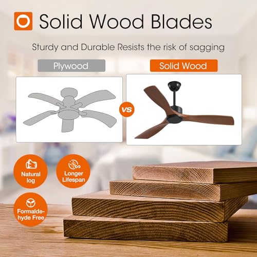 Image of addlon 1 Pack 52 inch Ceiling Fan No Light and Remote Control, Reversible, 3 Wood Blades, 6 Speeds, Noiseless, Indoor /Outdoor Black Walnut Ceiling Fan for Bedroom Shop Patio Gazebo Farmhouse