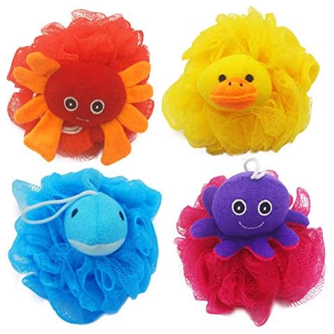 Bleu Bath (4 Pack) Lovely Animal Design Kids Exfoliating Bath Scrubber Body Scrubber Shower Ball for Baby Toddler Kids Gentle Exfoliating Bath Sponge Loofah Pouf in Colorful Design Cover