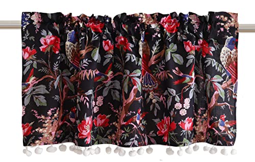 Image of Ravaiyaa - Attitude is everything Hand Printed Half Window Kitchen Curtain 100% Cotton Short Drapery Valance Curtain 40 inch X 18 inch Inch (Black Bird)