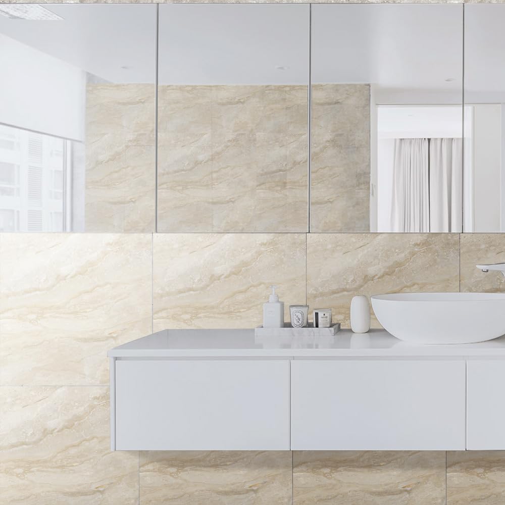LMYSXAOZ Tile Stickers Stick on Tiles, Self Adhesive Wall Tiles for Kitchen Bathroom, Oil Proof Peel and DIY Floor Simple Marble 30x30cm (8PCS,Beige Yellow)