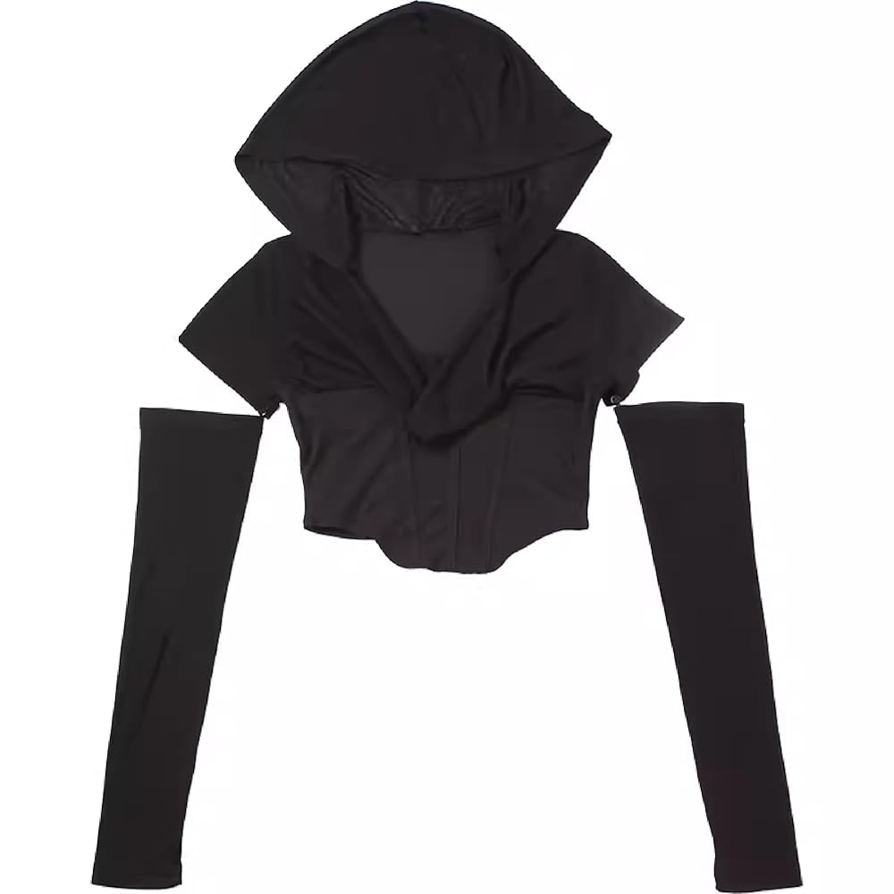 QJK Hooded Tops Off Shoulder Tops Hooded Shirt Tight Top