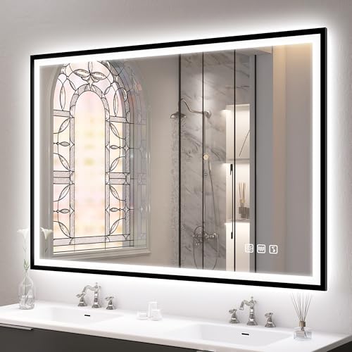 S'bagno Bluetooth-Espejo-Baño-con-Luz 100x70 cm, Espejos de Baño con LED y Función Antivaho/Cristal Templado/ 3000K-6500K/ Regulable, IP44 Espejo Baño LED con Marco de Hierro Negro