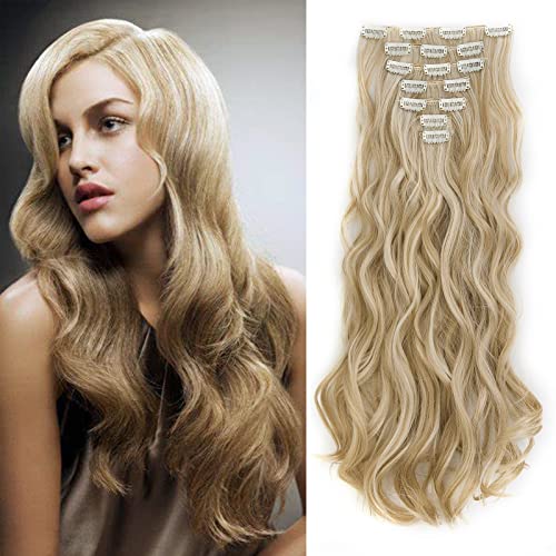 Gairyan 20inch Curly Hair Extensions Clip in Long Hair Extension Highlight 7PCS Full Head Synthetic Wavy Hairpiece for Women (Sandy Blonde & Bleach Blonde)