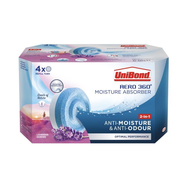 UniBond AERO 360° Moisture Absorber Lavender Garden Refill Tab, aromatherapy, ultra-absorbent and odour-neutralising, for AERO 360° Dehumidifier, Condensation Absorbers, 4 Pack (4 x 450g)