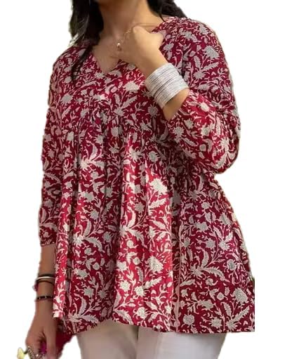 Women Short Kurti Rayon Fabric Floral Printed Short Anarkali Kurti | V-Neck, Long Sleeves for Office, Occasion-picture-27