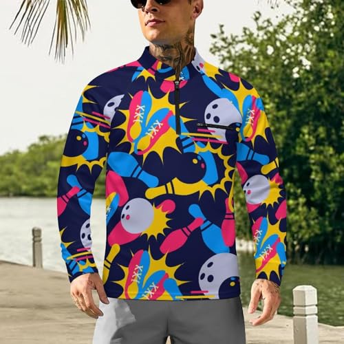 Multicolor Bowling Ball Pins Shoes Men's Rash Guard Long Sleeves Quick Dry Fishing Workout Shirts with Zipper2