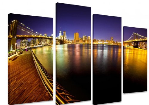 Multi Split Panel arte en lienzo Art  Puente de Manhattan del puente de Brooklyn New York City Skyline luces Río reflexión efecto panorámico  Art Depot Outlet  4 Panel  101 cm x 71 cm (40 "x28")