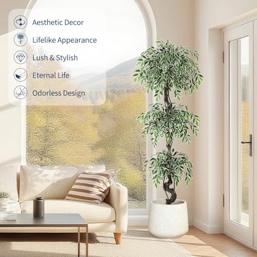 GarveeHome Artificial Ficus Tree for Home Decor Indoor,6FT Faux Floor Tree White Imitation Ceramic Planter, Indoor Outdoor Lifelike Fake Ficus Tree with Pebbles & Green Fake Moss for Office