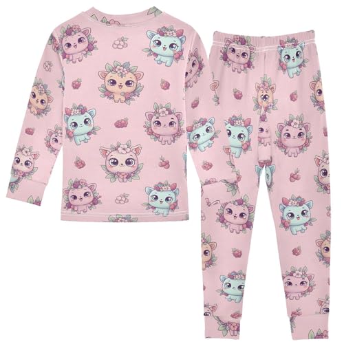 Pajama Sets Long Sleeve Cute Cats with Floral Crowns Soft Comfy Sleepwear 2 Piece PJS 3-8T3
