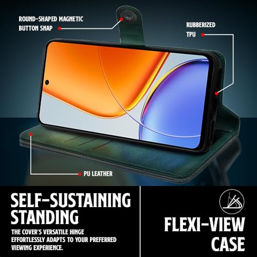 Image of WOW IMAGINE Shock Proof Flip Cover Back Case for Vivo T4x 5G | iQoo Z10x 5G | Vivo Y31 Pro 5G (Magnetic Button Flip Case | Wallet Pockets & Stand | Leather Finish | Forest Green)
