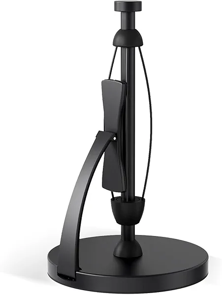 VEHHE Paper Towel Holder Countertop, Black Paper Towel Holder with Spring Activated Arm and Damping Effect, Simply Tear Paper Towel Stand for Bathroom and Kitchen (Black)