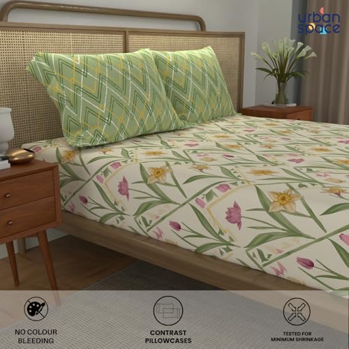 Image of Urban Space Divine 100% Cotton King Fitted Size Bedsheet, 144 TC Super Soft Elastic bedsheets for King Size Bed, Floral Design King bedsheet with 2 Pillow Covers (72 inch x 78 inch, Spring Sage Green)
