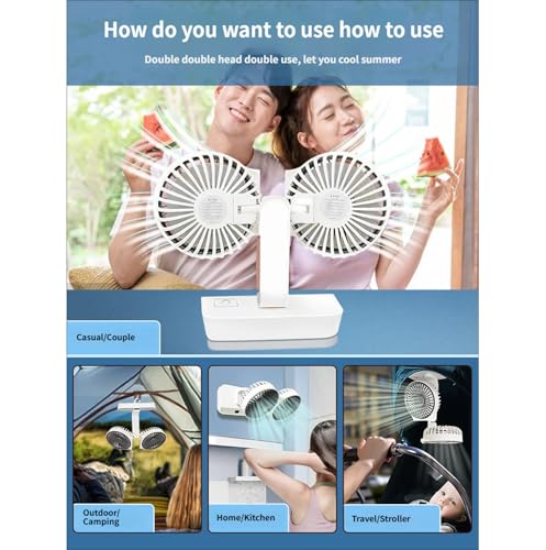 Ventilador oscilante portátil recargable con doble cabezal ajustable y luz nocturna tenue 5