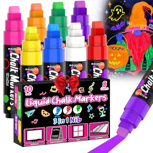 8 Neon Liquid Chalk Markers 10mm, Glow in the Dark Black Light Paint Marker