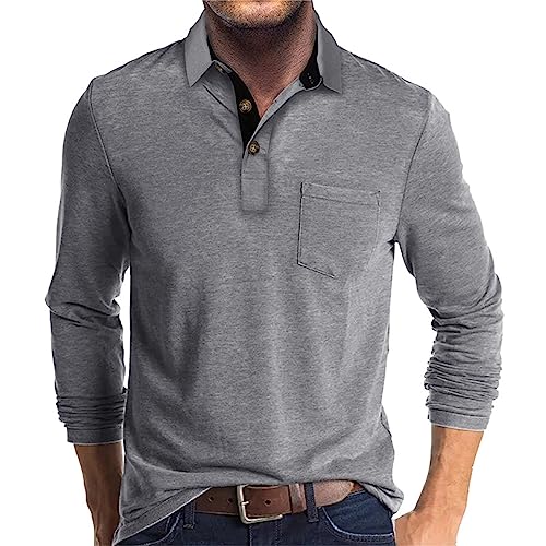 UHouse - UHouse Polo Coton Homme Manches Longues Golf Polos avec Poche Casaul Tee Shirt Sport Haut Décontracté Teeshirt Fin Cut Vetement Respirant Tennis T-Shirts de Travail Gris M