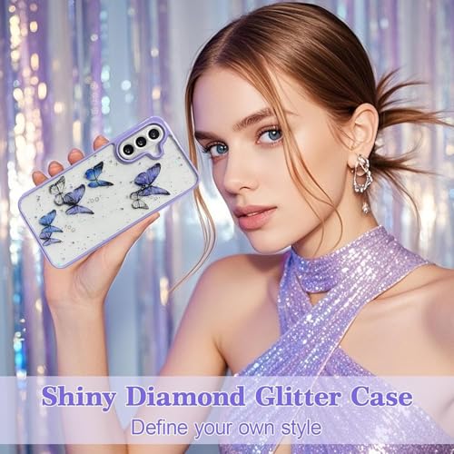 Image of VONZEE for Samsung Galaxy A56 5G Clear Glitter Butterfly Case, Cute Bling Sparkle Shiny Soft Silicone TPU Bumper Shockproof Women Girls Slim Protective Phone Back Cover for Galaxy A56 5G, Purple