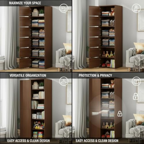 Image of EXVITO Engineered Wood Wardrobe for Bedroom | Foldable 6-Shelf Wooden Storage Cabinet | Cupboard Almirah for Clothes | Collapsible Wardrobe | Space Saving Wooden Cabinet - WALLNUT