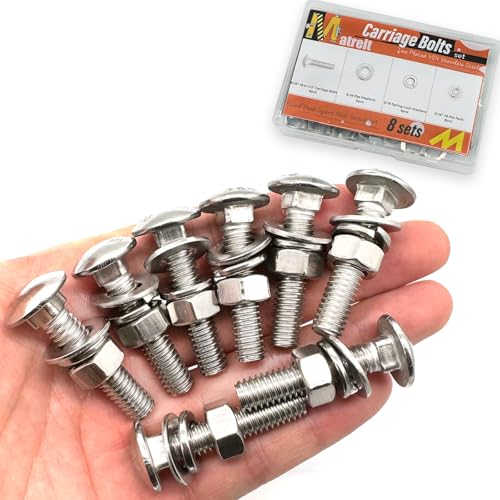 Image of 8 Sets 5 /16 inch-18 x1-1 /2 Carriage Bolts Round Head Square Neck Screws with Hex Nuts Flat Washers Spring Lock Washers 304 Stainless Steel Full Thread Coverage Square Neck Bolts Assortment Kit