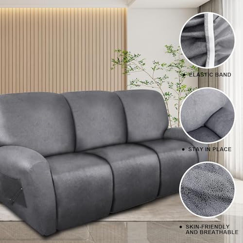 Image of molasofa Recliner Sofa Covers - 8 Pieces Stretch Leather Like Large Couch Covers for 3 Seats Reclining Slipcovers Soft Jacquard Pattern Furniture Protector with Elastic Bottom (Grey)