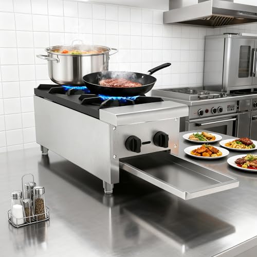 Image of Commercial Countertop Gas Range, 2 Burners Propane and Countertop Natural Gas Range Stove, Stainless Steel Hot Plate, Commercial Cooking Equipment for Restaurant Kitchen, 56,000 BTU