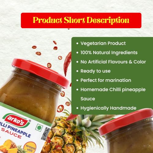 Image of ARKOS Homemade Chilli pineapple Sauce 200gm with 100% natural ingredients,Hot, Tangy, Sour, & Spicy with Authentic Chinese flavour Chilli Pineapple Sauce thick liquid eaten with food to add flavour, Hari mirchi ka Pineapple, Anaanaas,Ananasa, Painapil Sauce, No Artificial Flavours and Colors,Perfect for Spring Rolls, Grilled Chicken, Noodles, Dipping sauce any fried items.