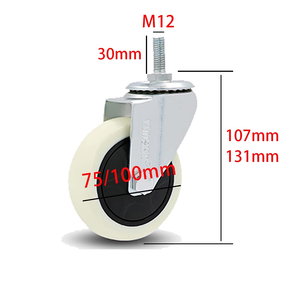 Ruote Girevoli da 75/100 mm con Freno, Ruota Girevole con Filettatura M12, Ruota in PP per Carichi Pesanti per Mobili, Banco da Lavoro, capacità di Carico 360 kg, Set di 4