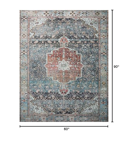 Loloi Margot Collection MAT-05 Ocean/Brick 5'-0" x 7'-6" Area Rug, No-Shed Easy Clean Large Patterned Area Rug for Living Room, Bedroom, Dining Area