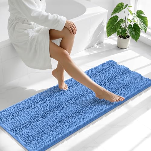 Image of Smiry Thick Chenille Bathroom Runner Rugs 47x17, Extra Absorbent Striped Bath Mat, Machine Washable, Rubber Backing, Long Bath Rugs for Tub & Shower, Modern Home Decor Accessories, Cornflower Blue