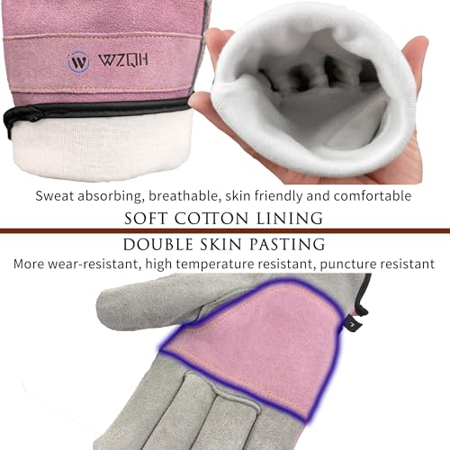 Image of WZQH Leather Work Gloves for Men or Women. XX-Large Glove for Gardening, Tig /Mig Welding, Construction, Chainsaw, Farm, Ranch, etc. Cowhide, Soft Lining, Utility, Firm Grip, Durable. Pink-Grey 2XL