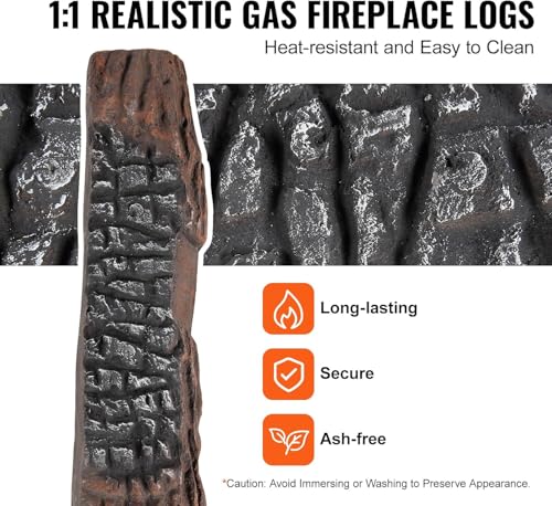 Large Ceramic Gas Fireplace Logs,10 Piece Smokeless Wood,Decorative Heat Resistant Stackable Fake Ceramic Wood Log Set for Fireplace,Propane,Electric,Gas, Fireplace Insert