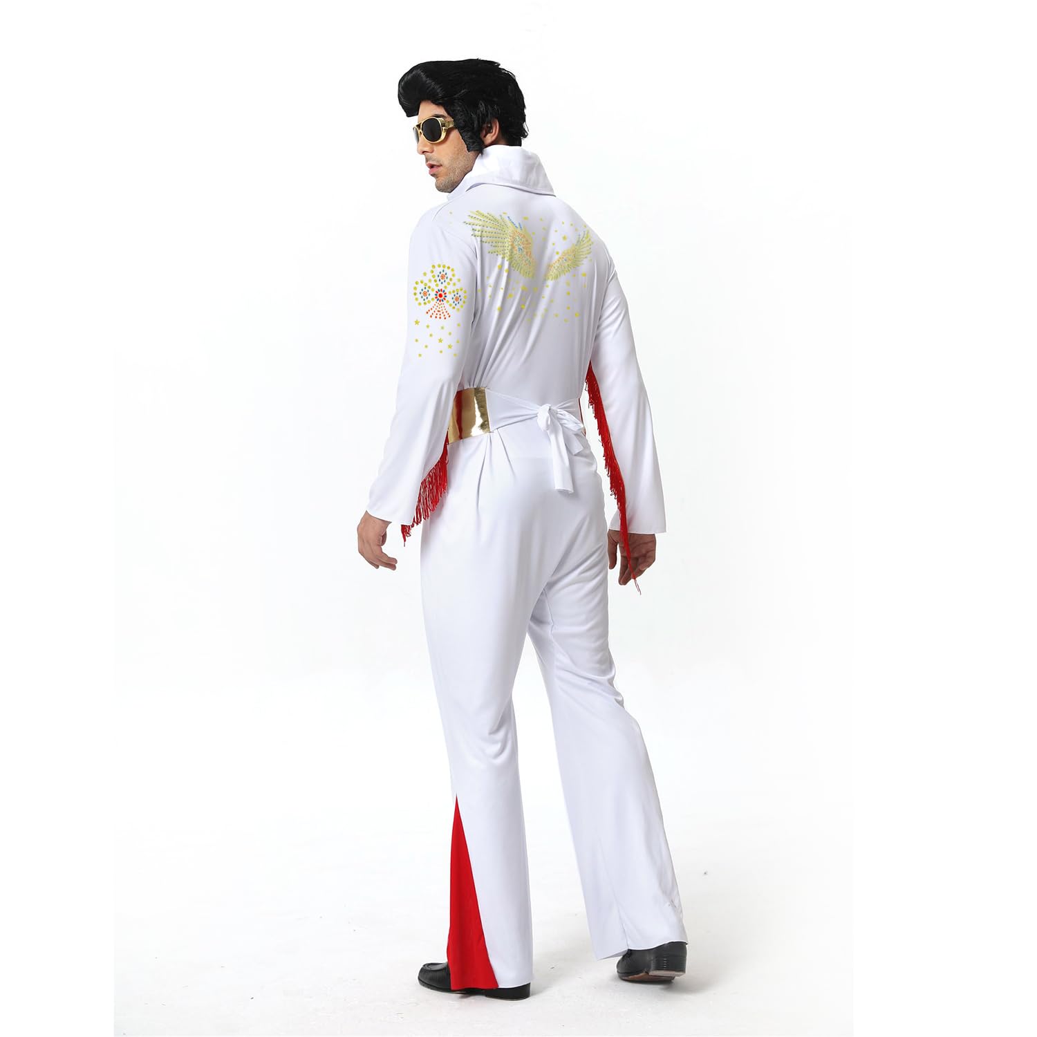 Luming Herren Halloween Kostüm Karneval Deluxe Kostüm 50er 70er Disco-Party 5-teiliges: Jumpsuit, Gürtel, Perücke, Sonnenbrille, Schal
