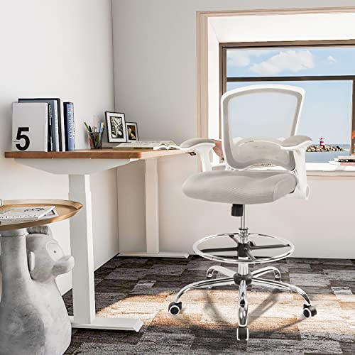Hylone Drafting Chair Tall Office Chair For Standing Desk, Mesh Drafting Stool With Adjustable Foot Ring And Flip-Up Arms, Grey #TOP1