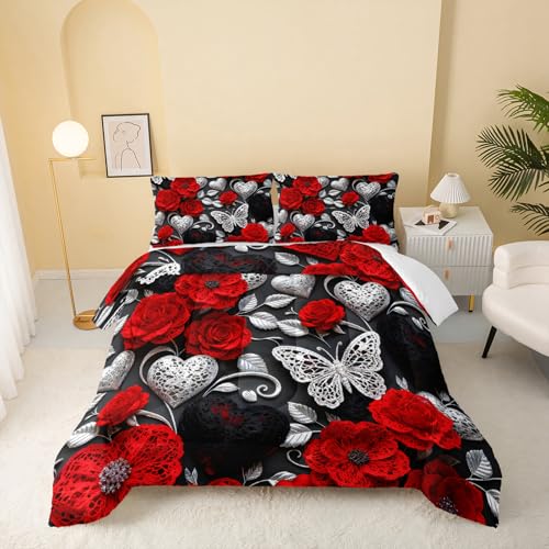 Image of QOOMO Red Flowers Kids Bedding Set,Cartoon Plants Comforter Set Full Size for Boys Girls Teen Room Decorat,Soft Lightweight Bed Set All Season,1 Comforter 2 Pillowcases