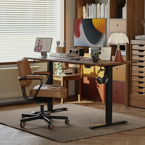 Image of Agilestic Electric Standing Desk, 63 x 24 Inches Height Adjustable Desk, Sit Stand up for Work Office Home, Ergonomic Rising Computer Table with Memory Preset, Dark Walnut