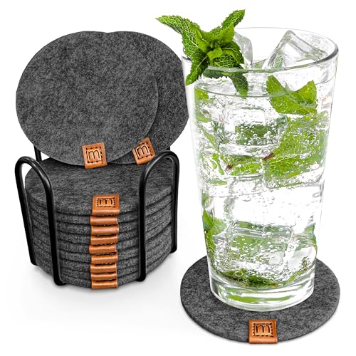 Miqio® Posavasos redondos de fieltro de diseño, juego de 12 unidades + soporte, sostenibles Öko-Tex, posavasos para bebidas, velas, tazas, bar, vasos, decoración de mesa, gris oscuro