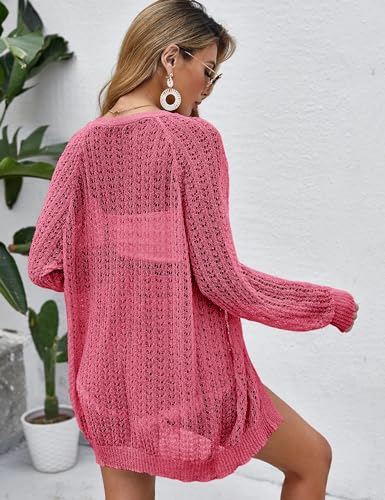 Image of XuBa Women Crochet Cardigan Light Weight Open Front Casual Long Sleeve Thin Knit Cardigans, Large, Rosa