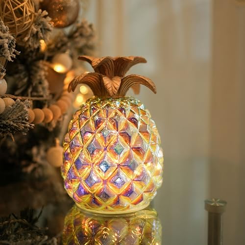 hvfun Iridescent Glass Pineapple Light – Battery-Powered LED Lamp with Steady & Twinkling Modes, 6-Hour Timer – Ideal for Tropical Decor & Gifts